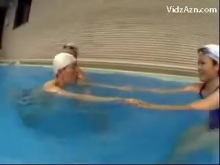 Slim schoolboy In Swimming Cap Getting Kiss Of Life pecker Jerked By 3 Girls Licking Pussies Nearby The Swimming Pool